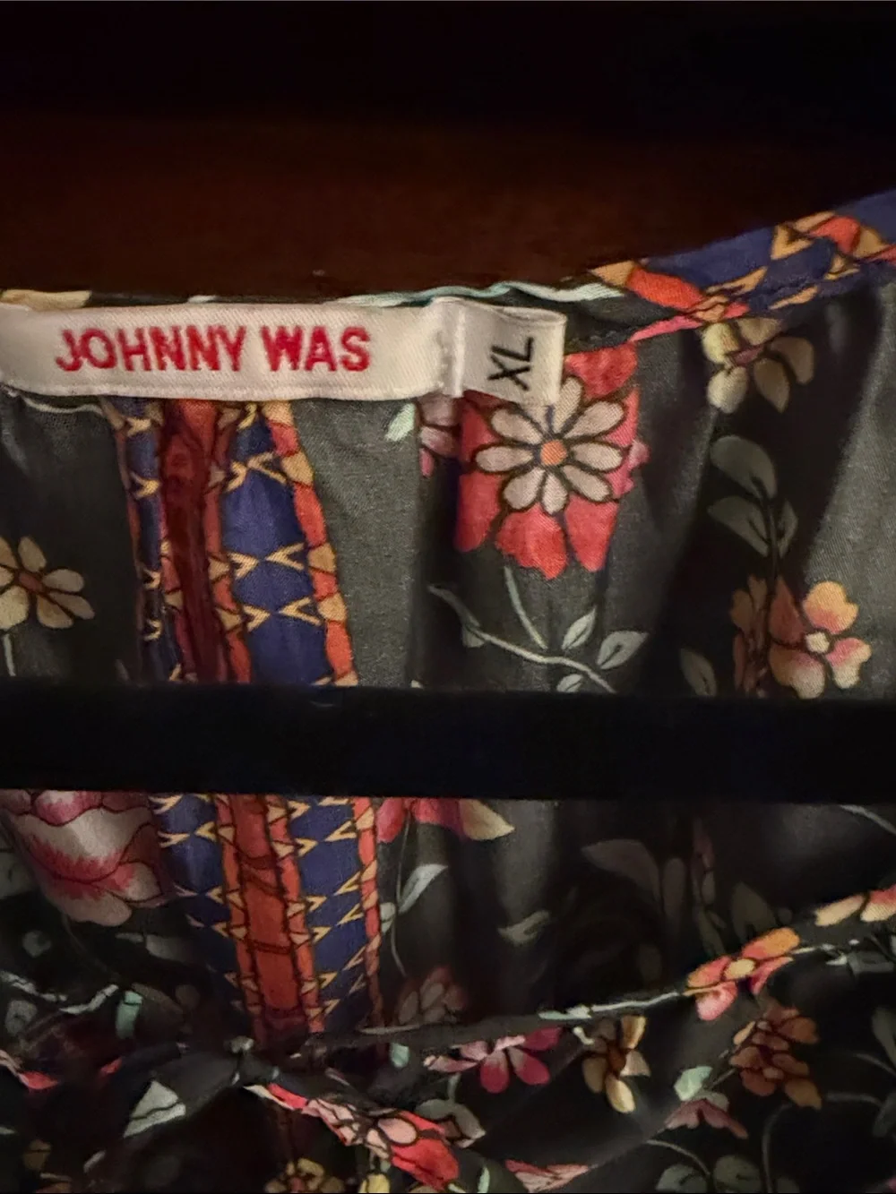 Johnny Was Black Silk Floral Patchwork Tie-Neck Tunic with Multicolor Border - Picture 2 of 4